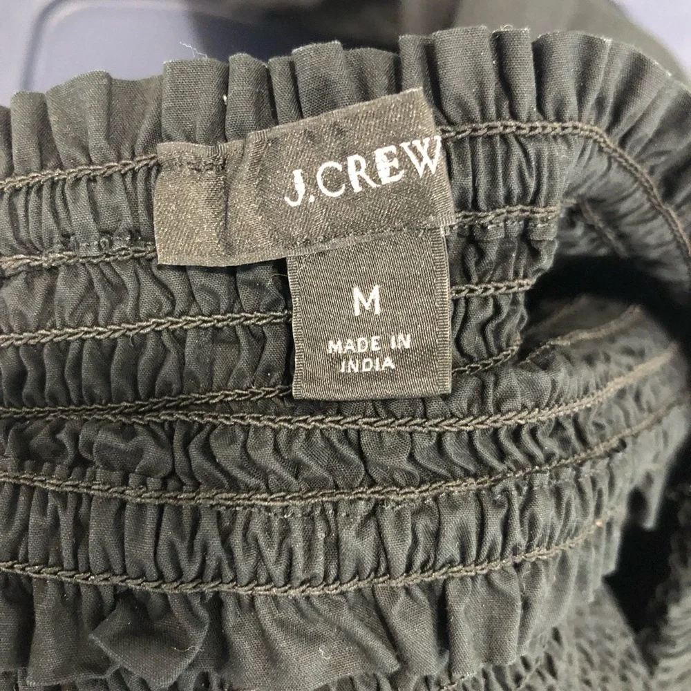 J Crew black smocked bodice puff sleeve, midi dress